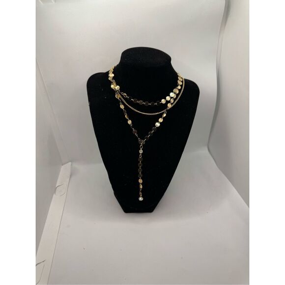 18k Yellow Gold Plated Disk Link 3-Layer Chain Crystal - Picture 3 of 6